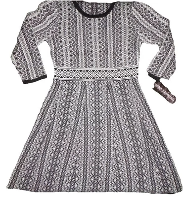 Vestido Nina Leonard Blanco y Negro Tejido Geométrico Ajuste y Acampanado - Pequeño Foto 1 de 4