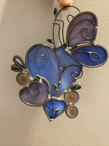 Vintage hängendes Buntglas blau lila Schmetterling Herzen Fenster Sonnenfänger - Bild 1 von 7