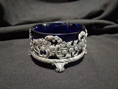 Black Starr & Frost Sterling Silver 49g Cobalt Blue Open Salt Cellar Bowl Floral - Image 1 of 4