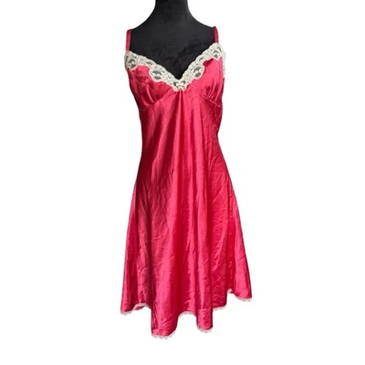 Y2k Oscar de la Renta Noche Slip Rosa/Rojo con Encaje Blanco Ribete Talla Grande Foto 1 de 4