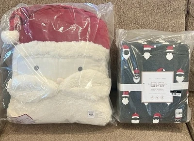 NUEVO Juego completo de sábanas Pottery Barn Teen Frannel Cool Santa y almohada para niños Navidad Foto 1 de 4
