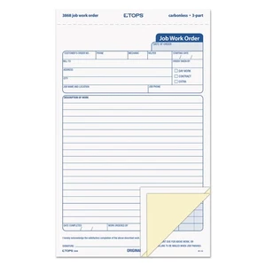 TOPS Snap-Off Job Work Order Form 5 2/3" x 8 5/8" Three-Part Carbonless 50 Forms - Picture 1 of 3