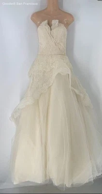 Monique Lhuillier White Cotton Blend Ruffle Wedding Ball Gown Womens Dress 10 - Image 1 of 4