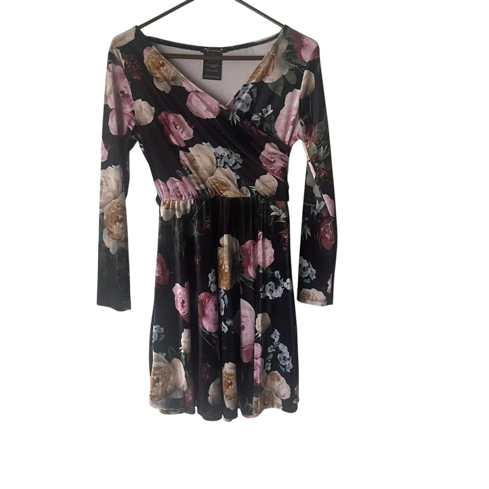 Xtraordinary Big Girls Size 16 Velvet Black Floral Wrap Party Long Sleeve Dress - Image 1 of 4
