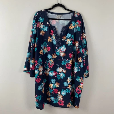 Catherines Embellished 3/4 Sleeves Floral Tunic Size 3X Split Neck Pullover - Image 1 of 4