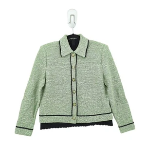 ST JOHN Women 4 Tweed Knit Set Green Black Blazer Blouse Mock Neck VTG FALL 2000 - Picture 1 of 12