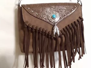 Western Style Purse Crossbody Handbag Brown Faux Leather Metal Studded Tassles - Picture 1 of 13