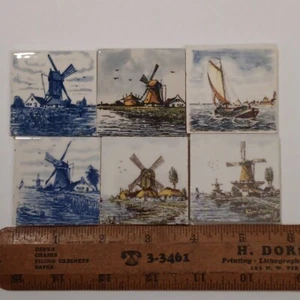 6 VINTAGE Delft Hand Painted Miniature Ceramic Tiles 2"x2" Square Blue & White - Picture 1 of 14