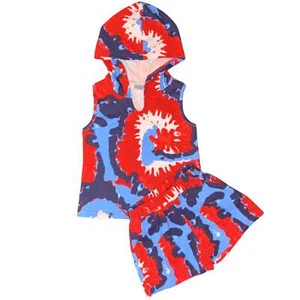 AnnLoren Girls Red White & Blue Tie Dye Hoodie Tank and Shorts Set 4th of July - Picture 1 of 7