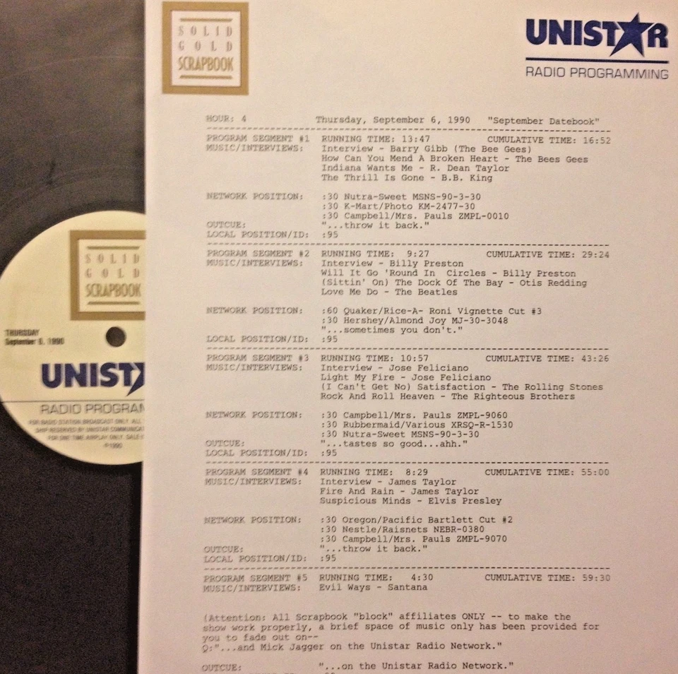 RADIO SHOW 9/6/90 SEPT HITS: ELVIS PRESLEY, JOSE FELICIANO,BILLY PRESTON,SANTANA - Image 1 of 1