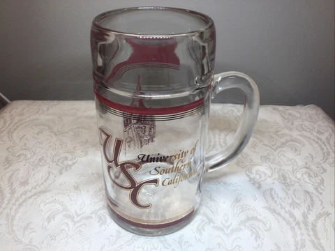 Vintage University Southern California Beer Mug Glass USC Logo 1L Heavy Glass 8” Cover