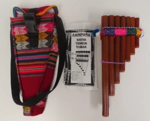 PANPIPES ZAMPONA IN COLOURFUL HOLDER HANDMADE IN PERU S. AMERICA 13 DOUBLE WOOD - Picture 1 of 8