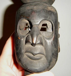 20" Triple Zen Buddha Mask Antique Japanese Wood Scepter Puppet with Moving Eye - Picture 1 of 12