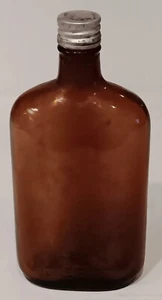Vintage PINT Brown Glass FLASK-Pharmacy FEDERAL Bottle Jar 8"tall + METAL LID - Picture 1 of 5