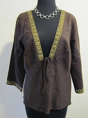 NWT WILLI SMITH Tie Front Top Sz 10 Beaded Linen Blend Dark Espresso Jacket - Image 1 of 4