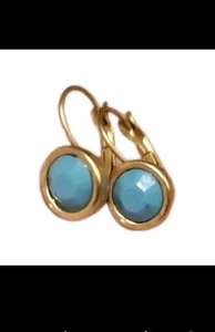 Round Bezel Set Turquoise In Brushed Gold Tone Drop Earrings Huggies - Picture 1 of 11
