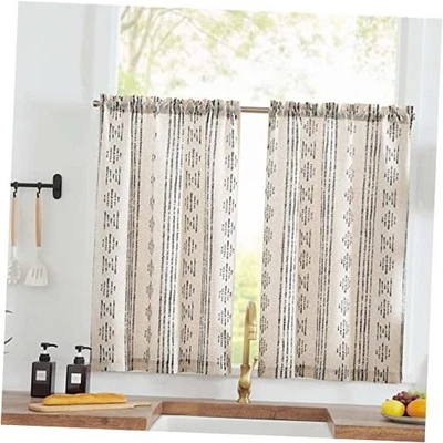  Cortinas de Cocina Boho Lino Nivel 26"W x 45"L (Pack de 2) Boho Negro sobre Beige Foto 1 de 4