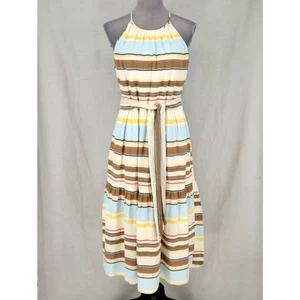 DKNY Dress Womens 12 Beige Blue Brown Stripes Cotton Maxi Zip Lined Belt Resort - Picture 1 of 13
