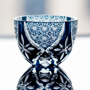 Handmade Edo Kiriko Sake Glass Ink Blue Colored Glass Shot Glasses Artwork 1.5oz - Picture 1 of 5