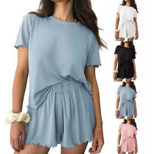 Womens Cozy Ribbed Loungewear Pyjamas Set Summer Tops Shorts Suit Pajamas Pjs UK - Picture 1 of 18