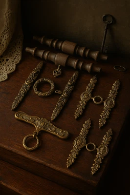 老式黄铜五金套装中世纪维多利亚风格拉木手柄 — 第 1/4 张图片