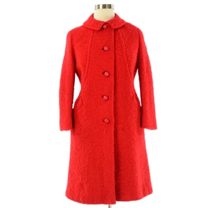 60s Vintage Red Wool Boucle Coat Womens L Mod Silk Lined Overcoat Winter Jacket - Picture 1 of 7