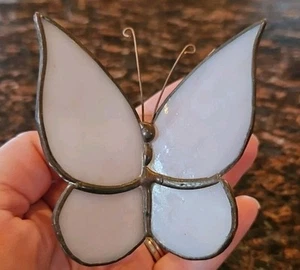 VINTAGE HANDMADE LEADED STAINED GLASS BUTTERFLY SUNCATCHER SOFT LILAC MARBLE - Picture 1 of 8
