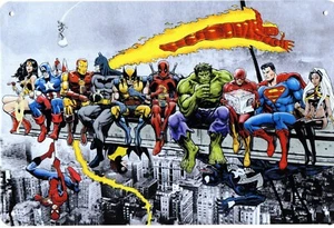 Imagen de letrero de hojalata de superhéroes Marvel almuerzo encima de un rascacielos Manhattan ciencia ficción EE. UU. - Imagen 1 de 9