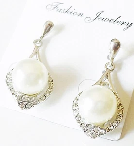 USA EARRING Cubic Zirconia Crystal gemstone Pearl Silver Dangle Round Simple 02 - Picture 1 of 3