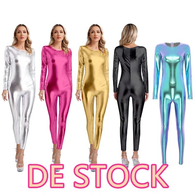 DE!Damen Overalls Metallic Ganzkörperanzug Gymnastik Turnanzug Karneval Clubwear - Bild 1 von 4