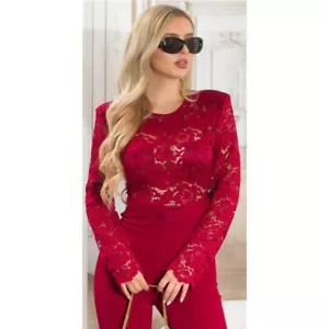 Damen-Overall Jumpsuit mit Spitze und Gürtel Bordeaux 34/36/38 #OV623 - Bild 1 von 10