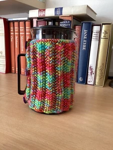 Hand Knitted Cafetière Cosy. Hand made for a 1 litre pot. Multicoloured Ref 10 - Picture 1 of 4