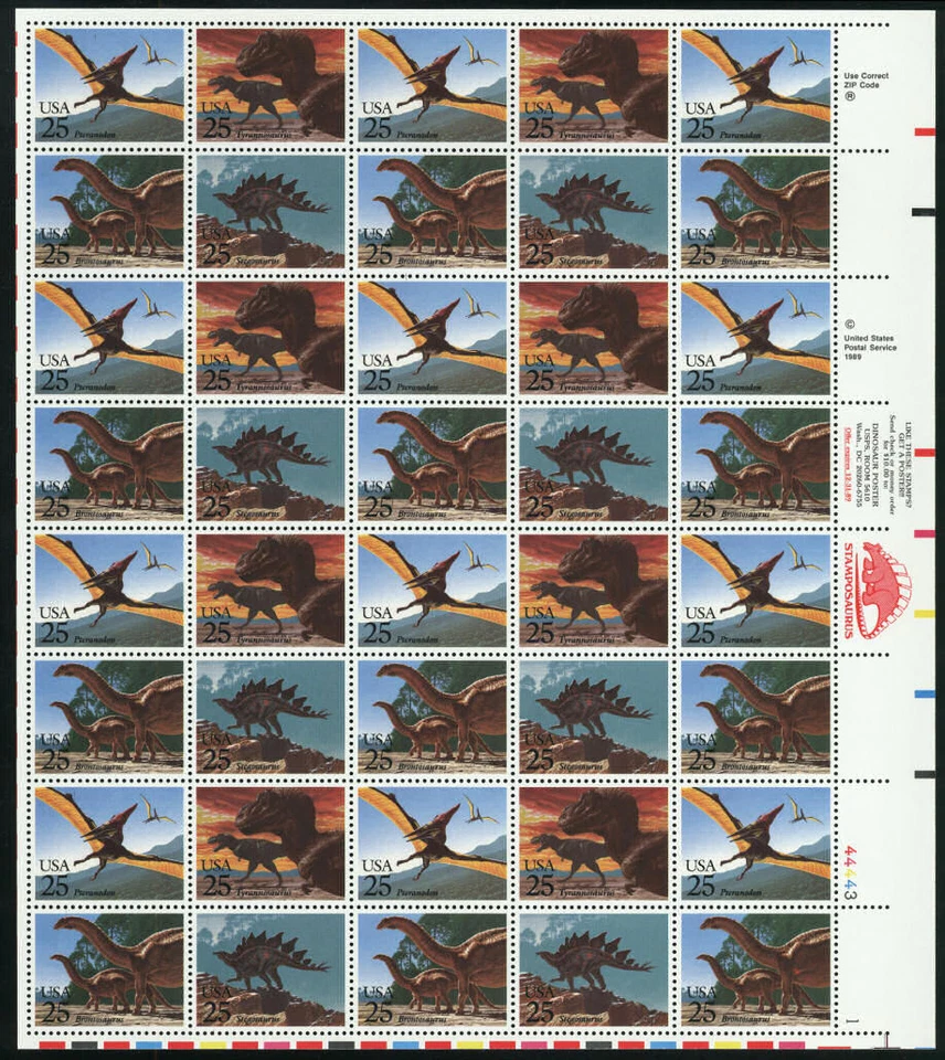US #2422-2425 2422-5 425b 25¢ Dinosaurs Sheet of 40 VF NH, small disturbed gum - Image 1 of 1