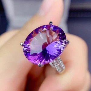 New Oval Cut Luxury Purple Amethyst Gemstone Women Charm Silver Ring Adjustable