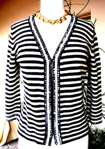 $695 MAXMARA Black White Sequin Wool Cardigan Jacket Sweater Top Nautical M - Picture 1 of 5