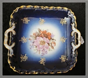  Vintage Porcelain China Teal Blue Floral 2 Handled Square Serving Tray Bavaria - Picture 1 of 2