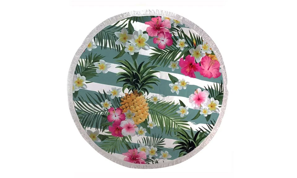 Toalla de playa redonda piña amarilla con flores rosadas fondo verde y blanco Foto 1 de 1