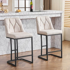 2Set 25.2" Counter Height Bar Stools Kitchen Upholstered Stools Metal Legs Beige - Picture 1 of 13