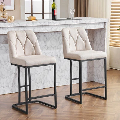 2Set 25.2" Counter Height Bar Stools Kitchen Upholstered Stools Metal Legs Beige - Image 1 of 4