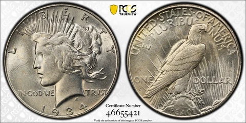 1934 S Peace Silver Dollar PCGS AU58 Almost Uncirculated Key Date Low Mintage Cover