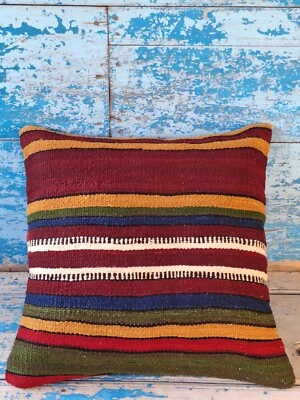 Travesseiro Kilim de lã listrado vintage turco tecido à mão década de 1950 19"x19"-49cmx50cm - Imagem 1 de 4