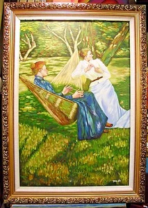 LADY CHAT SIT HAMMOCK KNIT 36" OIL PAINTING HOME BUSINESS DECOR WALL ART S7 - Picture 1 of 1