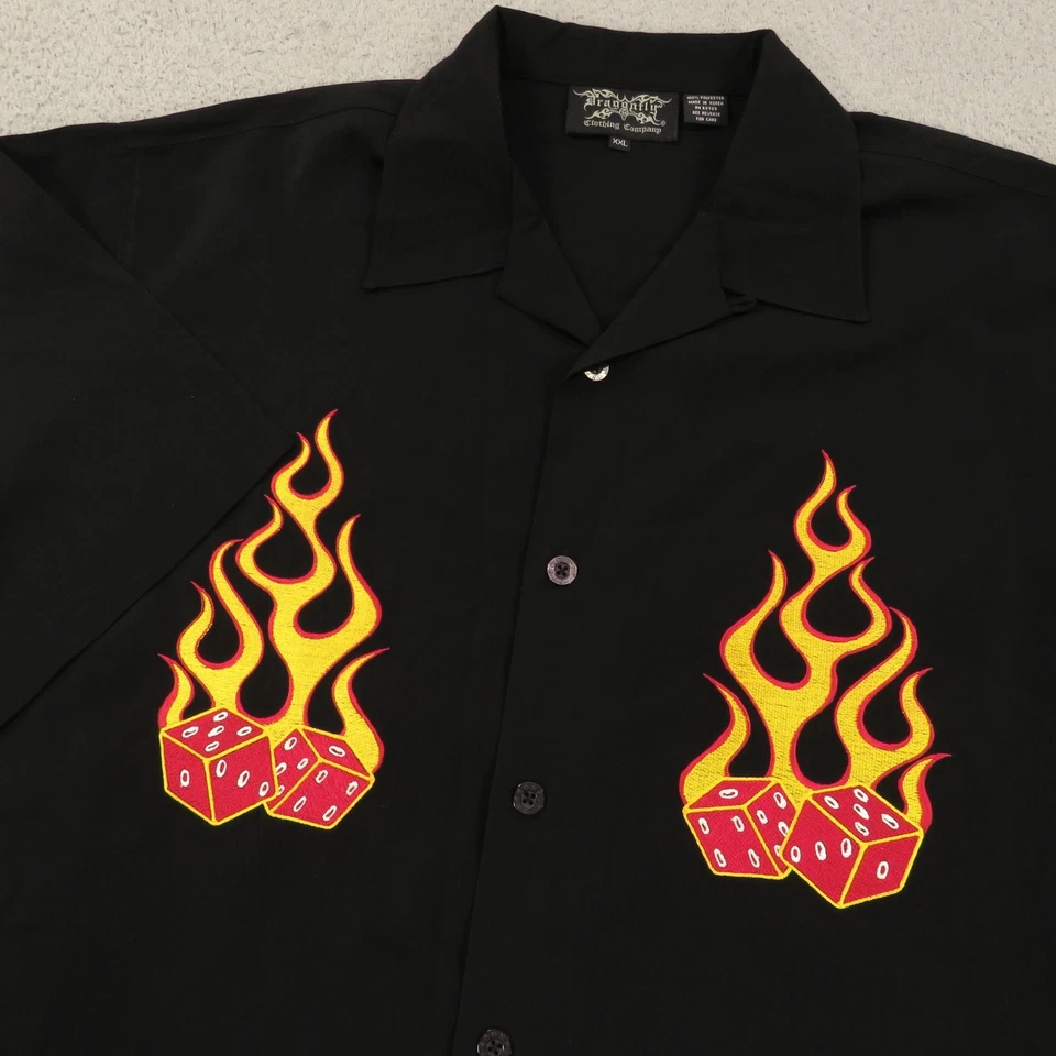 Dragonfly Shirt XXL Mens Black Flaming Dice Gambling Embroidered Loop Button Up - Image 1 of 4