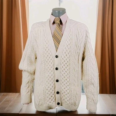 Cárdigan tejido a mano Gaeltarra para hombre 100 % pura lana virgen talla 44 crema 112 pecho Foto 1 de 4