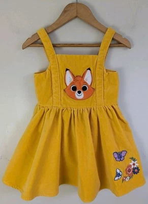 Disney Girls 2T The Fox And Hound TOD Pinafore Jumper Dress Yellow Cotton Velvet - Image 1 of 4