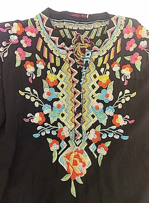 Blusa Top Johnny Was Mujer Seda Bordada Negra Floral Transparente GRANDE Foto 1 de 4