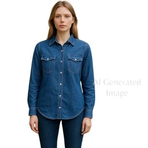 Camisa vaquera de mezclilla azul con bolsillos delanteros 100 % algodón hilo universal talla M - Imagen 1 de 10