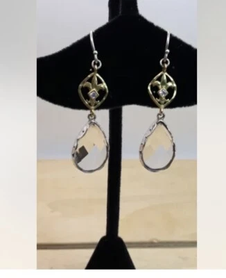 Pendientes colgantes Silpada de plata esterlina y latón "Fleur De Lis" gota de lluvia circonita cúbica W2374 Foto 1 de 4