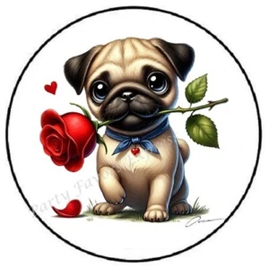 PUG WITH ROSE VALENTINES DAY ENVELOPE SEALS LABELS STICKERS PARTY FAVORS - Picture 1 of 2