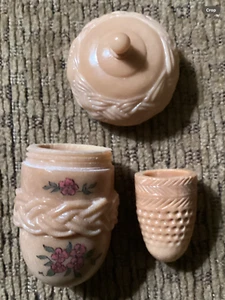 Color Scrimshaw Carved Tagua Nut Case w/Thimble Sewing Pink Flowers by Ruprecht - Picture 1 of 4